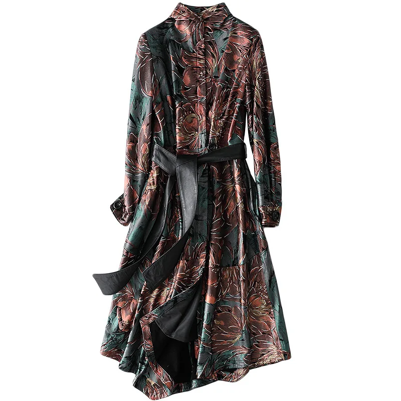 Vintage Printed Sheepskin Female Long Jackets Real Fur Spring Chic Slim Coat Outwear High Quality Leather Jacket with Sashes