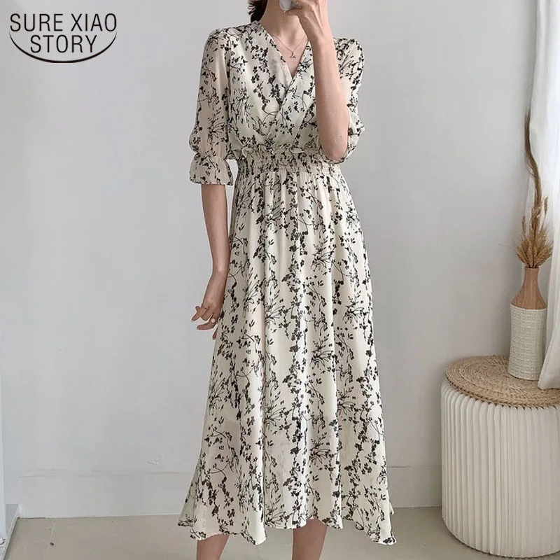 2021 Summer Korean Style Elegant dress vintage Floral Print High Waist V-neck Short Sleeve Fashion Casual Ankle-length Dresses