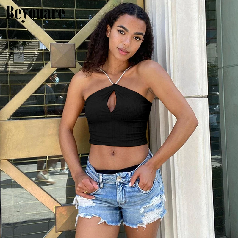

Beyouare Sexy Hollow Out Pearl Halter Tank Women Backless Sleeveless Solid Cropped Top Summer Slim Elegant Party Streetwear 2021