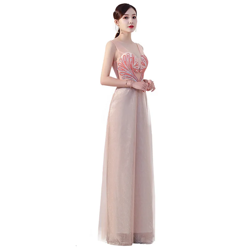 

Pink Sexy Yarn Skirt Long Cheongsam Modern Oriental Style V Neck Host Qi Pao Women Chinese Evening Dress Qipao Promotion Robe