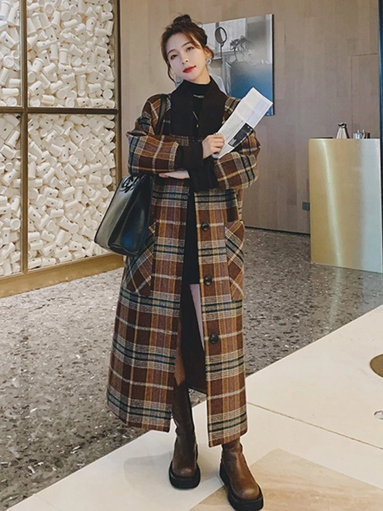 

LANMREM 2021 Autumn Winter Turn-down Collar Vintage Plaid Over The Knee Street Wear Multi Color Thick Women Woolen Coat 2A1944