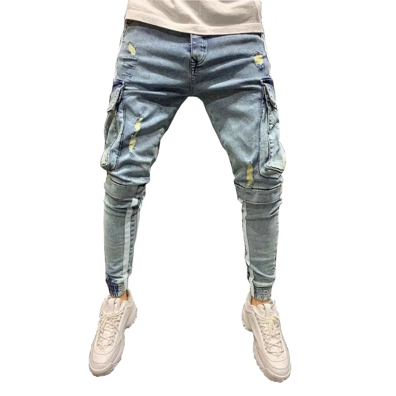 

Men Jeans with Side Pockets Fashion Street Wear Safari Style Jeans Full Length Pencil Pants Slim Fit Cargo Denim Jeans for Men