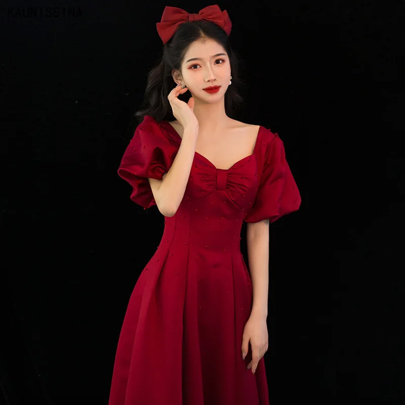 

KAUNISSINA Evening Gowns for Women Elegant Satin Sweetheart Puff Sleeve Floor Length Pearls Party Dress Celebrity Prom Dresses