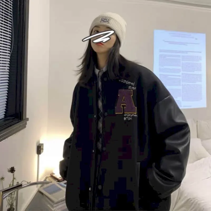 

men womenBaseball uniform jacket autumn Hong Kong style Korean letter embroidery coat loose stitching thicken lovers jacket