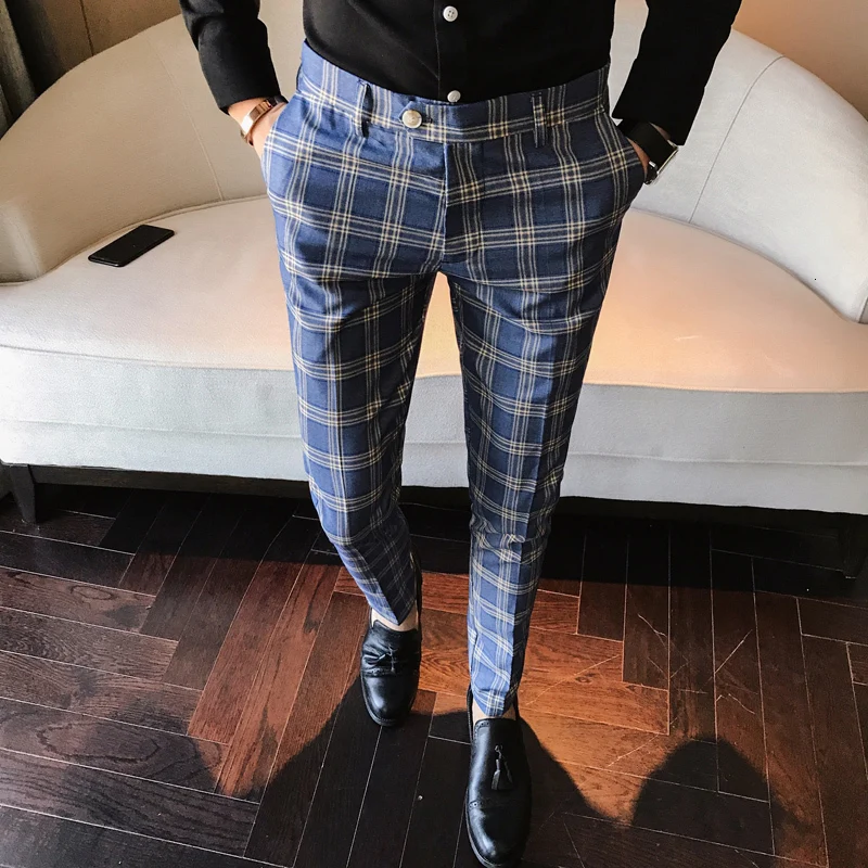 

Men Dress Pant Plaid Business Casual Slim Fit Pantalon A Carreau Homme Classic Vintage Check Suit Trousers Wedding Pants