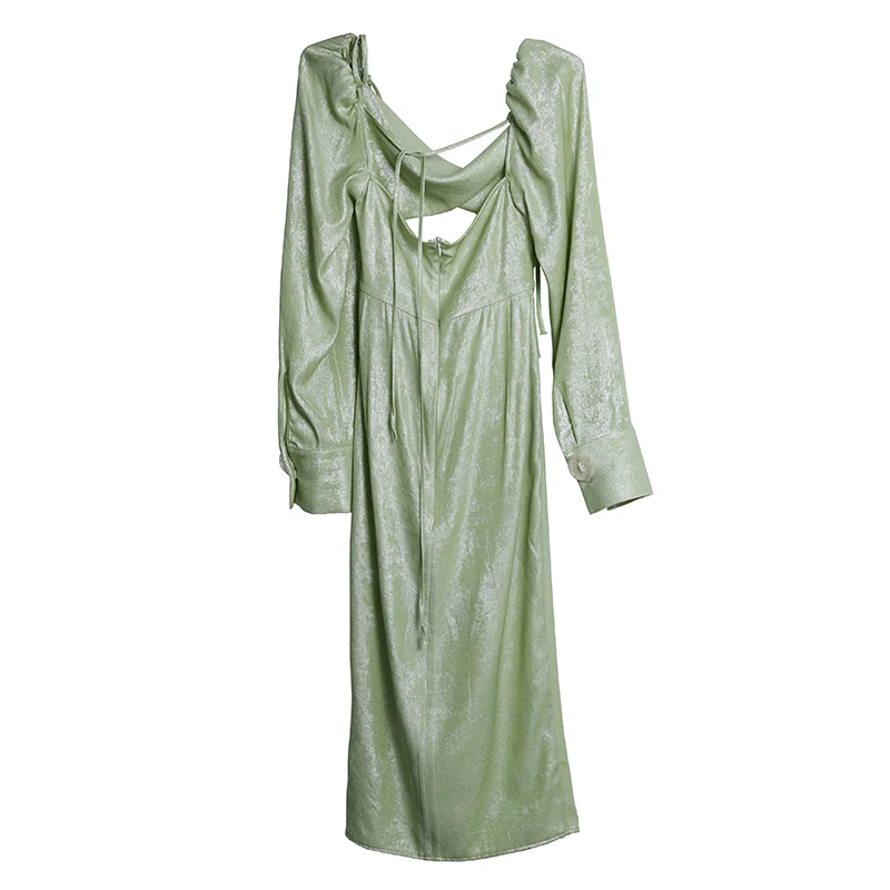 

DEAT Women Green Asymmetrical Sexy Vintage Midi Dress New V- Neck Long Sleeve Loose Fit Fashion Tide Spring Summer 2021 GX595