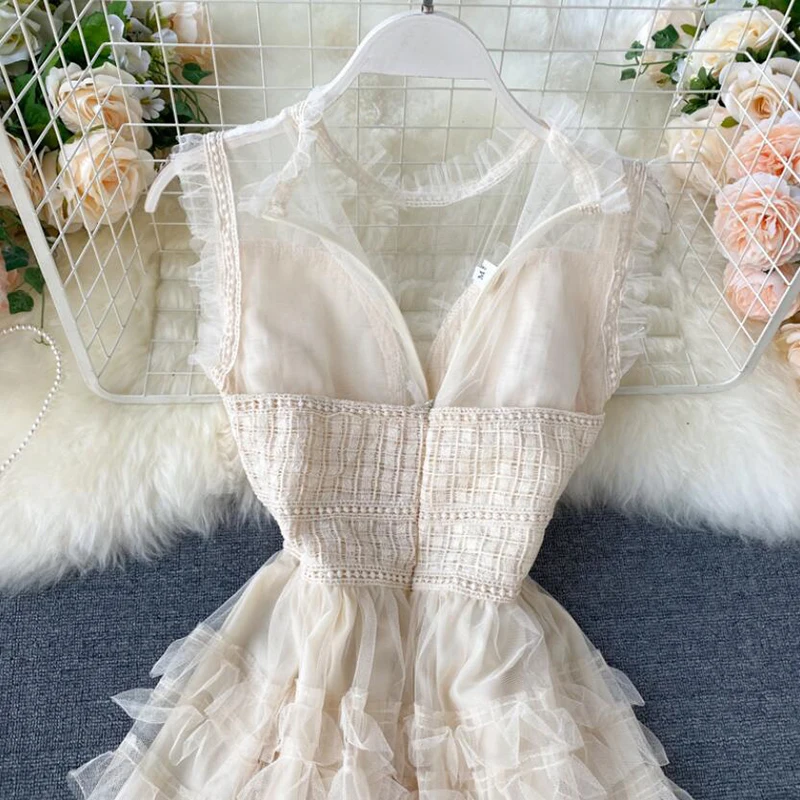 

2021 Elegant Summer Dress Women O Neck Sleeveless Midi Female Solid Color Sweet Mesh Dresses A-line Ruffles Cake Dress Vestidos