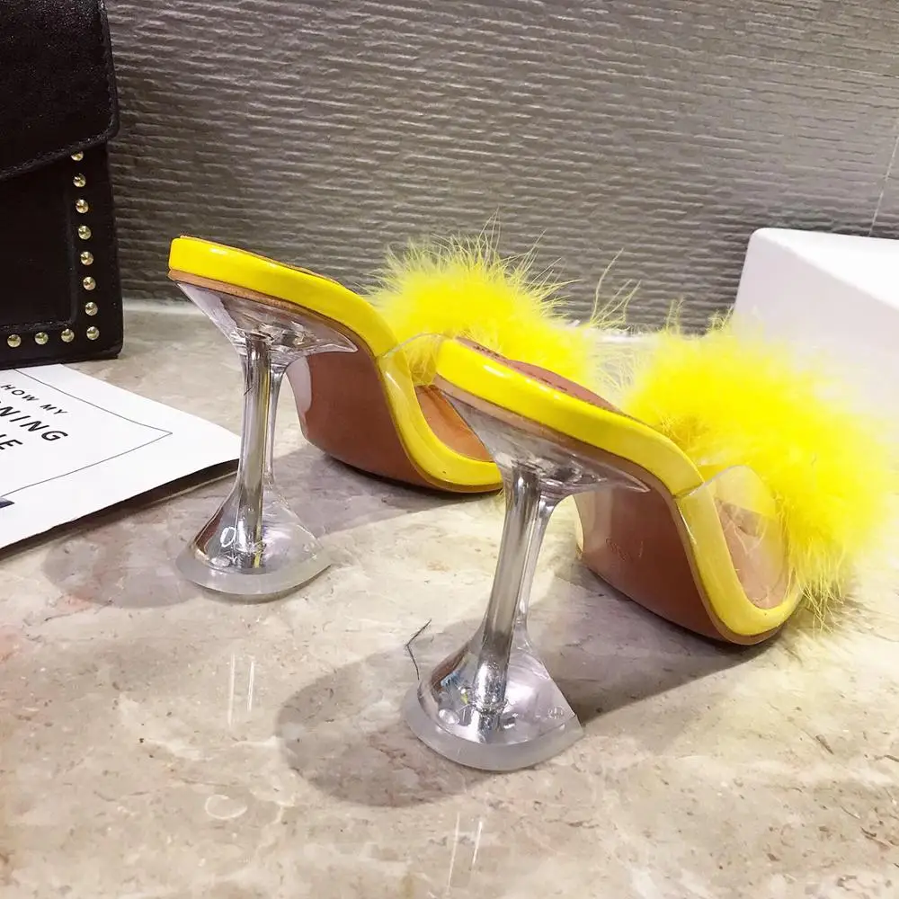 

Fashion 2021 New Women Fur Rubber Slippers Clear High Heels Slip On Mules Shoes Pointed Toe Colorful Slides Big Size 35-41