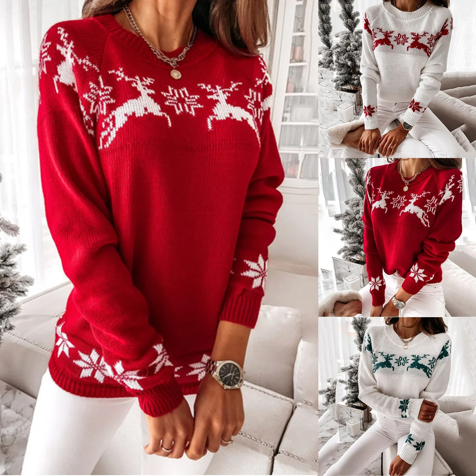 Фото Женский Рождественский свитер с оленем теплый вязаный длинным рукавом джемпер
