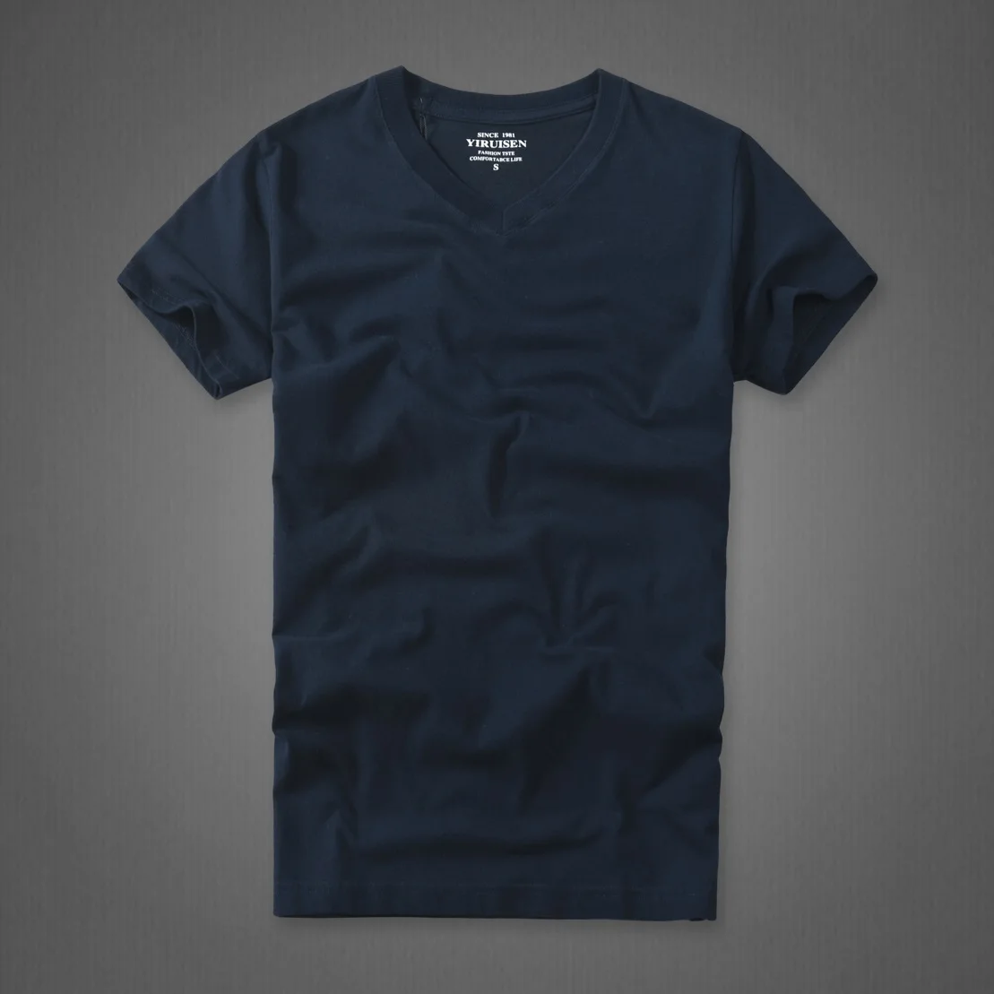 Мужская Однотонная футболка из 100% хлопка с V образным вырезом и коротким