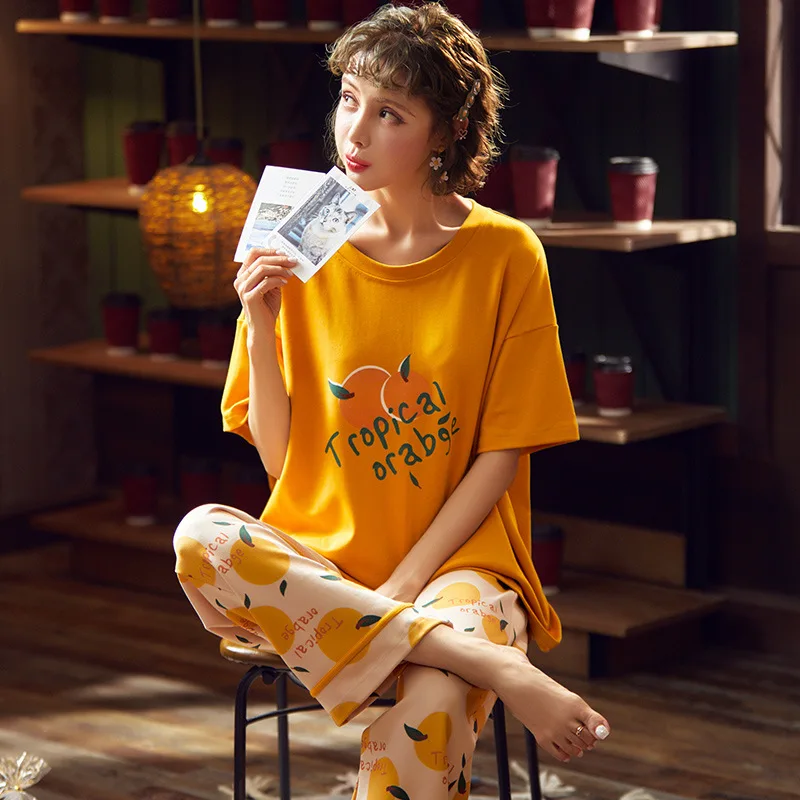 

Women 's Pajamas Household Clothes Summer Cartoon Orange Thin Combed Cotton Pullover Two - Piece Household Clothes Suit