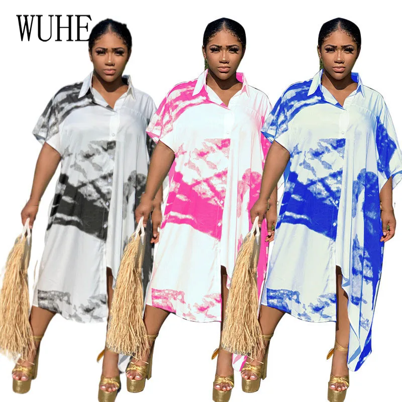 

Женское свободное платье-рубашка KEXU с принтом, свободное Повседневное платье-рубашка оверсайз с отложным воротником, летнее асимметричное ...