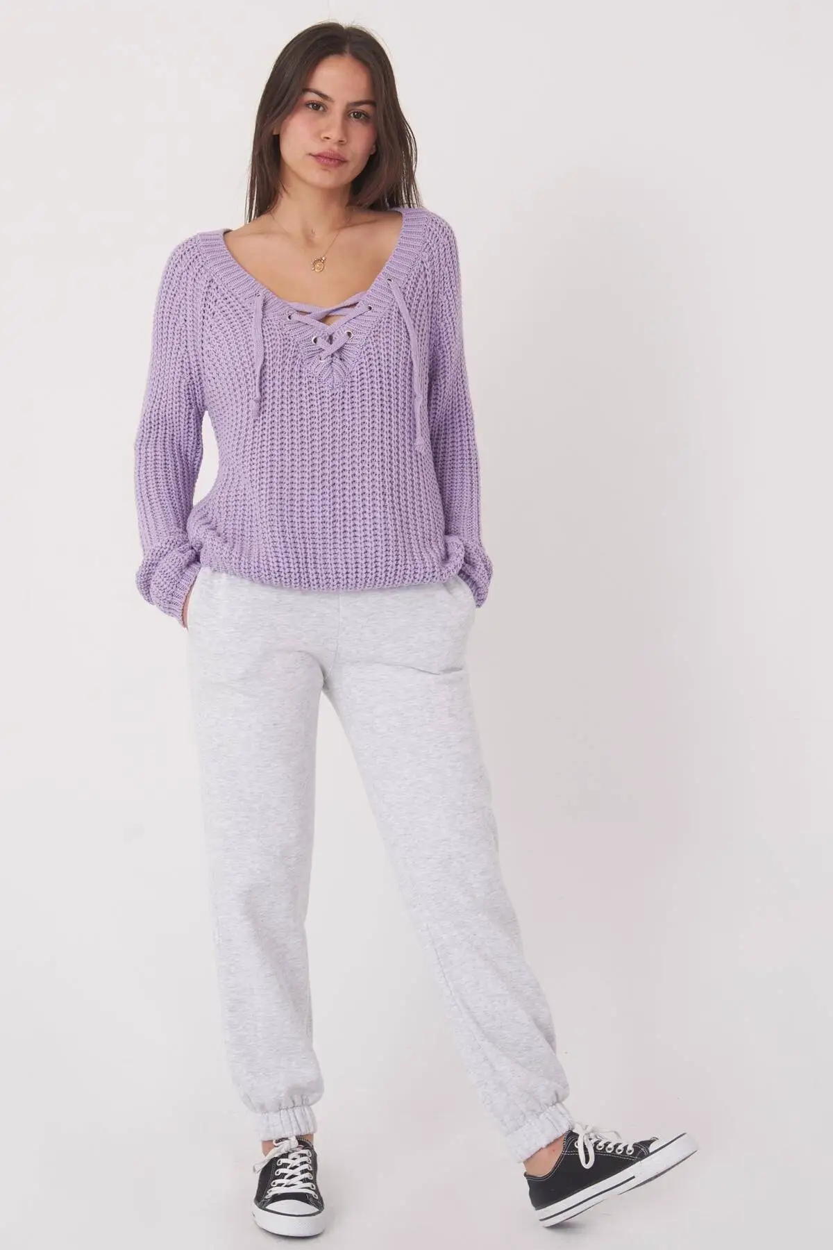 Lilac Lace Women's V-Neck Knit Sweater Women Sweater 2021