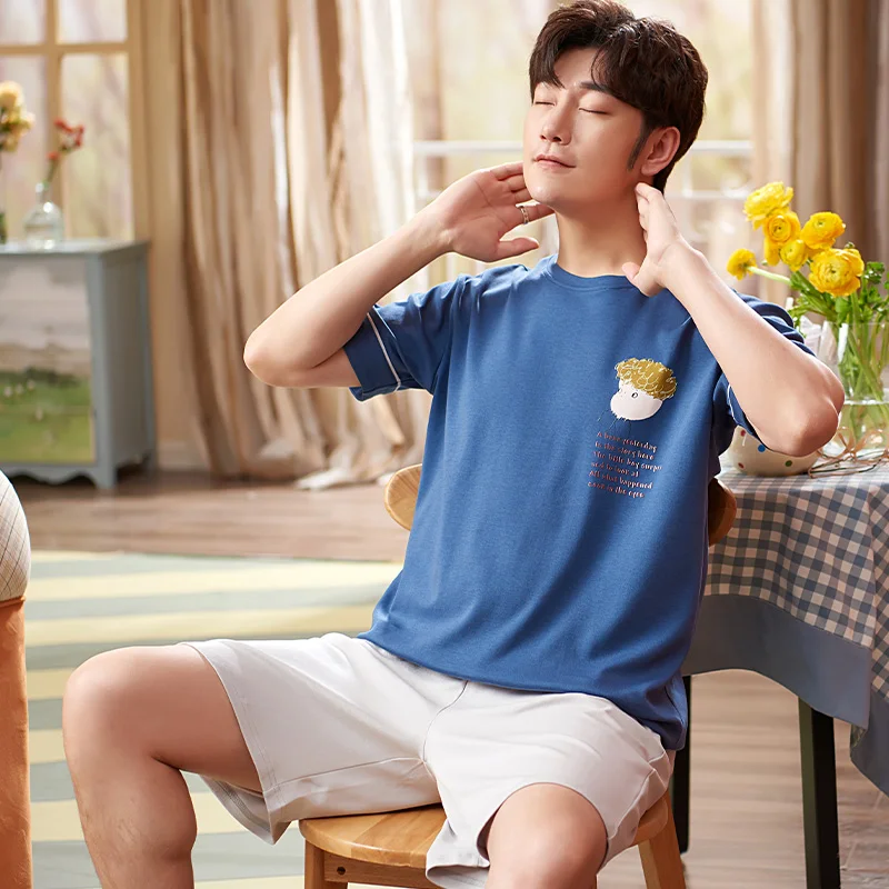 

Plus Size Men Pajamas Sets Summer Cotton Soft Short Sleeve Shorts 2piece Suit Male Sleepwear Funny Cartoon Printed Blue Homewear