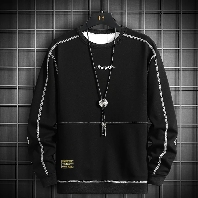 

Crewneck Sweatshirt Oversized Japanese Streetwear Hip Hop Hoodie Men 2020 Side Striped Thick Full Patchwork O-neck Casual