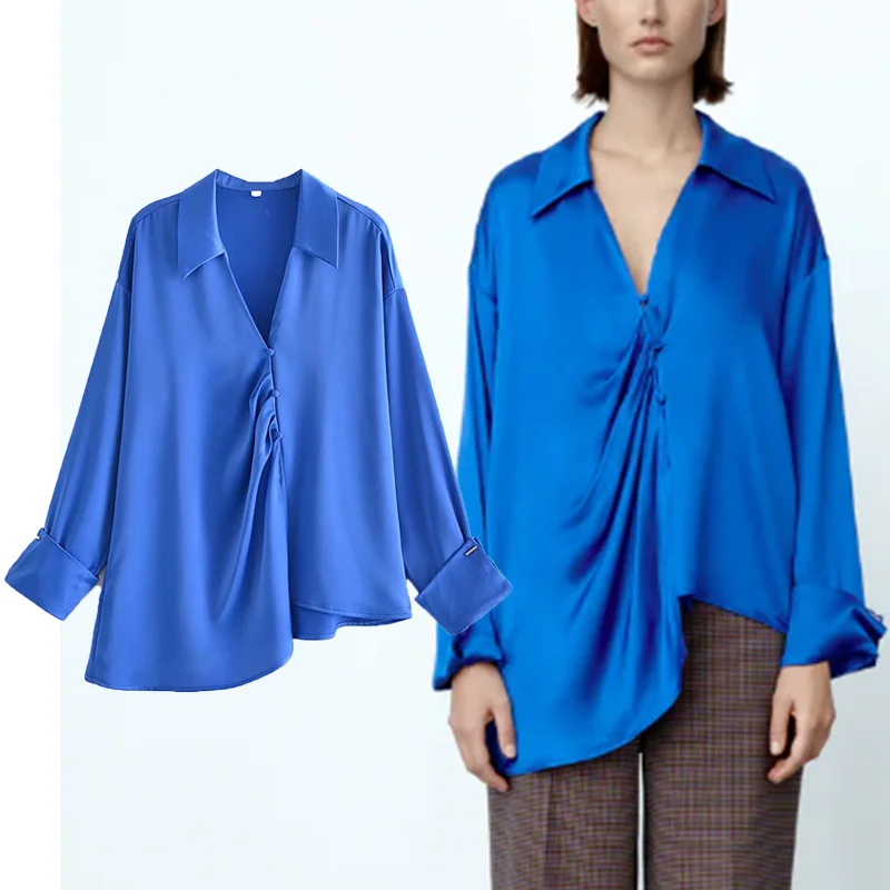 

Женская однотонная Асимметричная блузка Za, однобортная рубашка с длинным рукавом и отложным воротником, топы для весны и осени