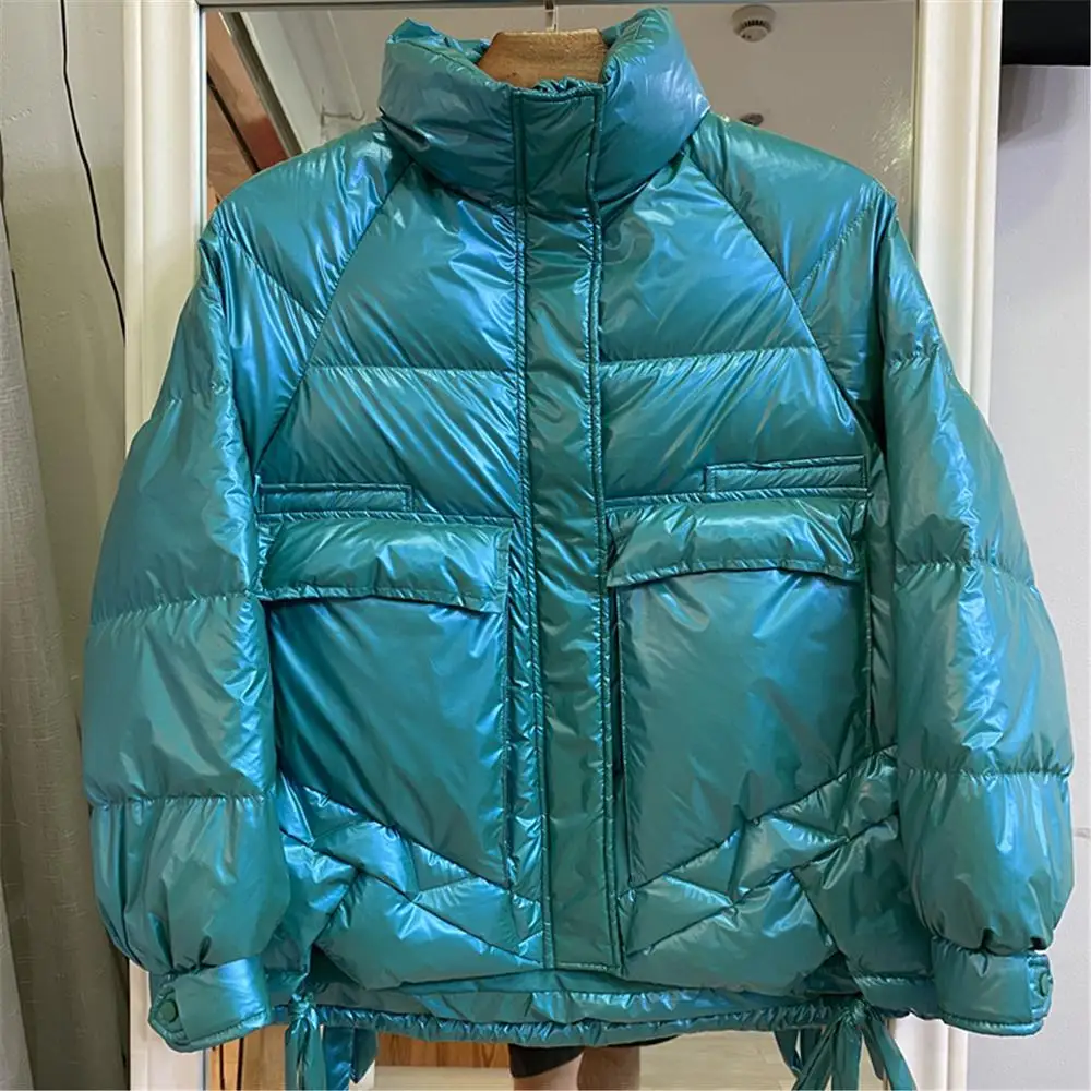 

2020 Korean Style New Winter Glossy Ribbon Down Jackets Women Oversize Stand Collar Solid White Duck Down Overcoats