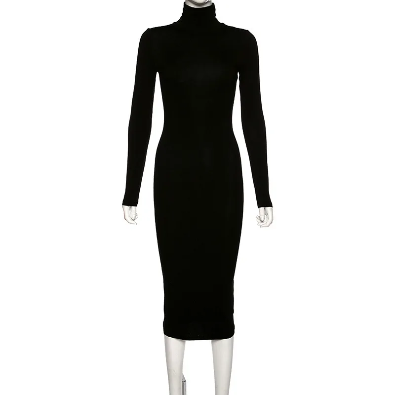 Женское облегающее платье-миди с длинным рукавом и высоким воротником | Женская