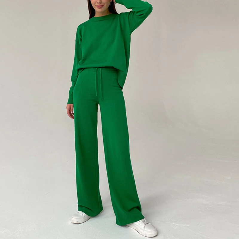 

Women Casual Knitted Two Piece Sets Pullover O-Neck Sweater And Wide Trouser Warm Suits Fashion Autumn Winter Female Tracksuits