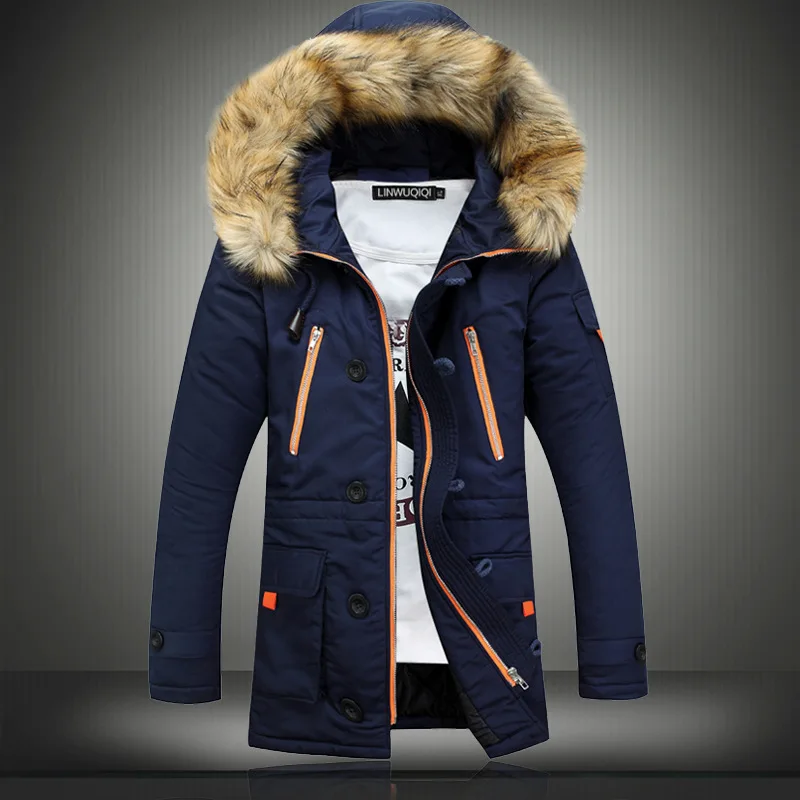 Winter Men's Jacket Plus Cotton Warm Leather Coat Casual Faux Fur Hooded Wool Mid-length Men's Jacket Windbreaker Men's Jacket