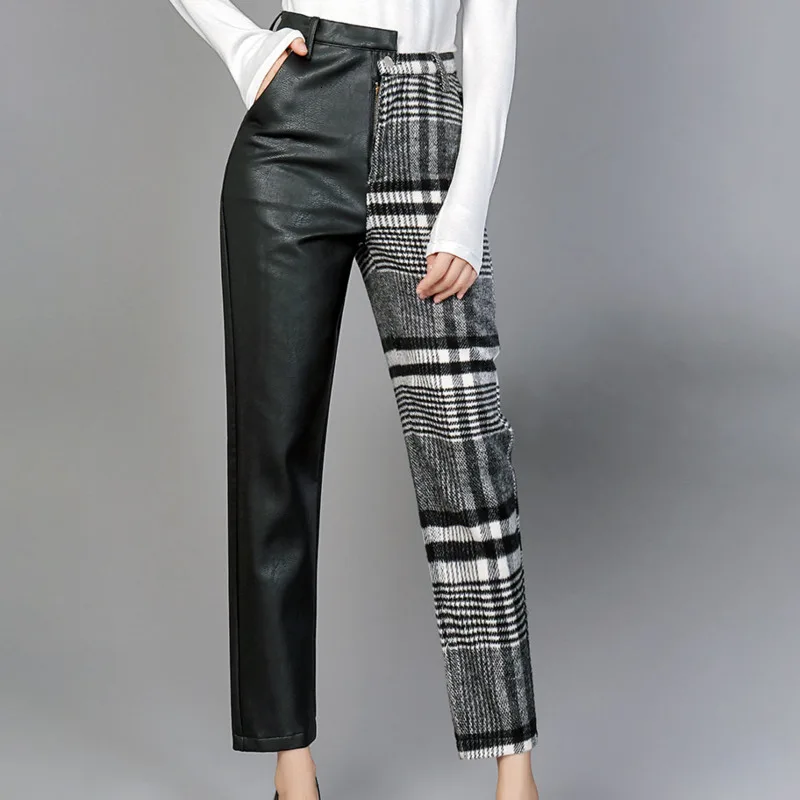 LANMREM 2020 Осень Новая мода Высокая талия девять очков кожаные штаны шить в клетку