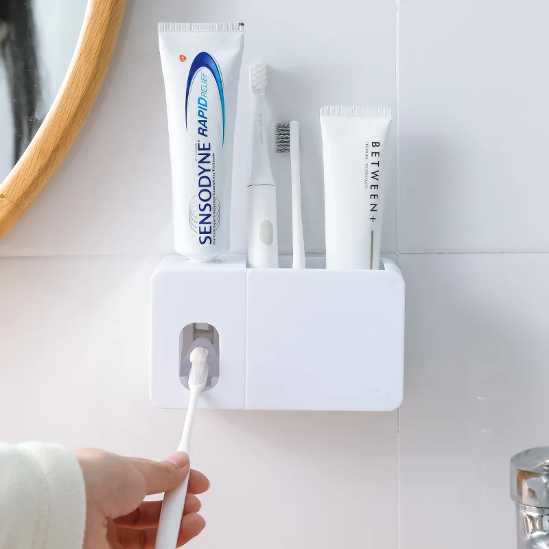 

Multi-Function Bathroom Shelves Toothpaste Dispense Squeezer Automatic Toothbrush Rack Wall-Mounted Punch-Free WC Accessories