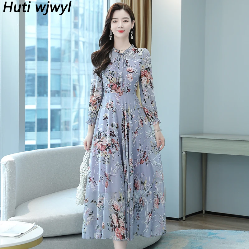 

2022 Women Party Long Sleeve Bodycon Chic Vestidos Autumn Winter Vintage Floral Chiffon Midi Dress Casual Boho Beach Maxi Dress