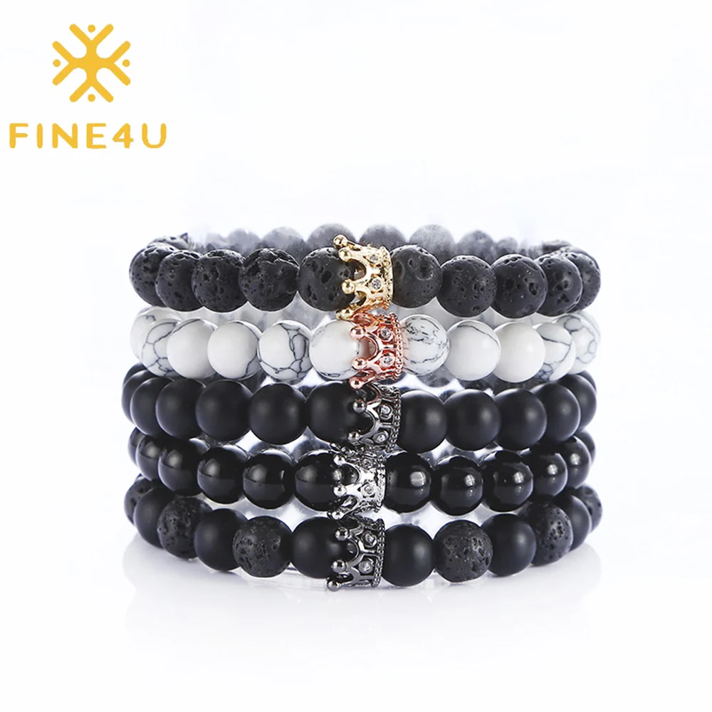 FINE4U B302 Queen Корона расстояние браслет черный матовый камень & Белый Howlite 8 мм