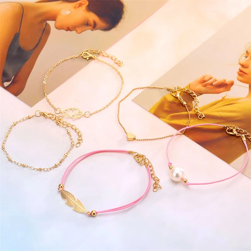 5 шт./компл. набор женских браслетов в богемном стиле с сердечками и перьями