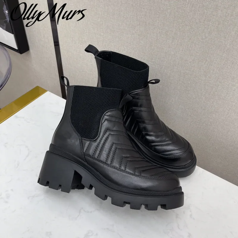 

Ollymurs Pleasted Short Boots Ladies New Ankle Botas Luxury Leather Bota Feminina Brand Shoes Women Slip on Mid Heel