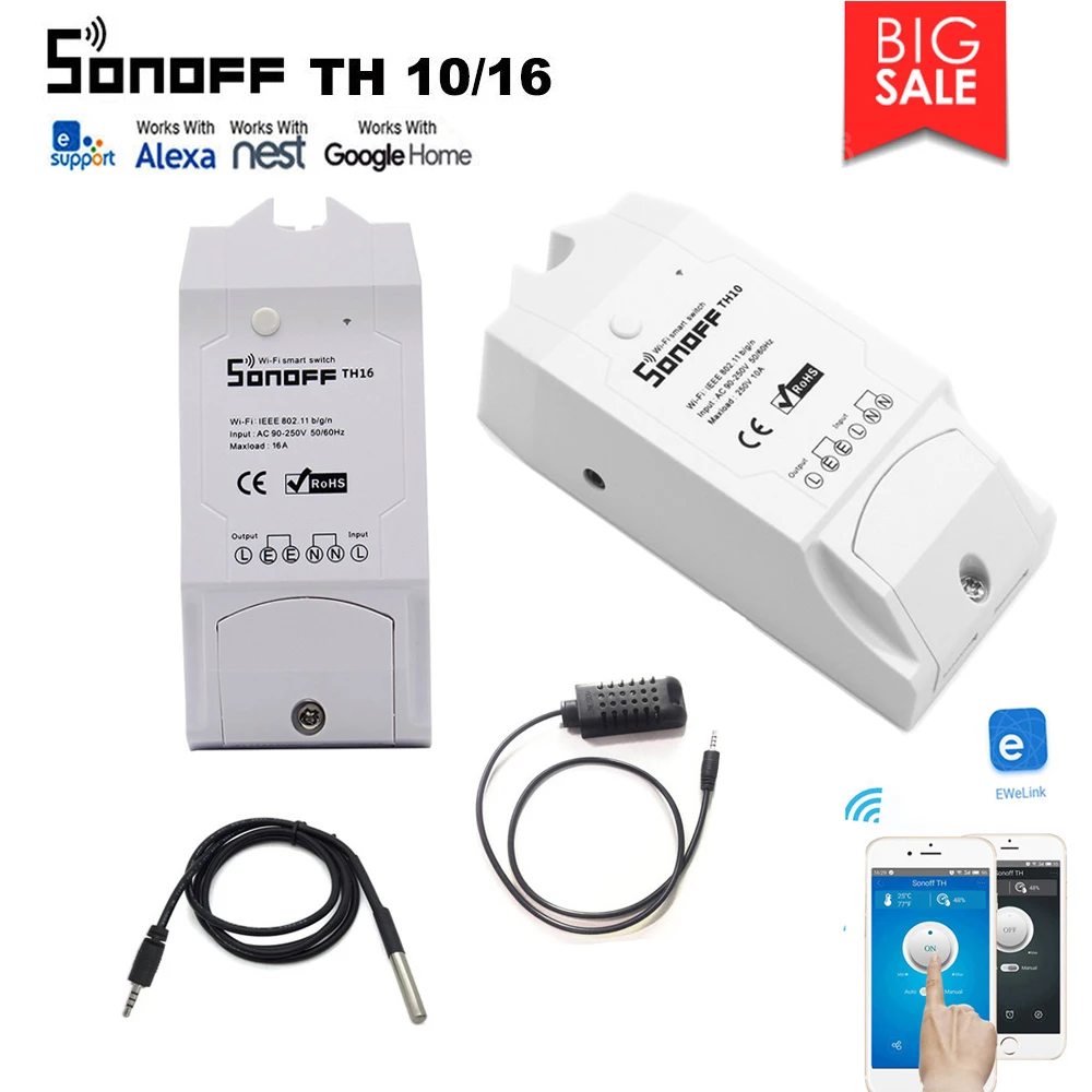 Sonoff TH10/TH16 умный дом Wi-Fi переключатель температура монитора Датчики влажности работа с Alexa Google Home Управление по eWeLink