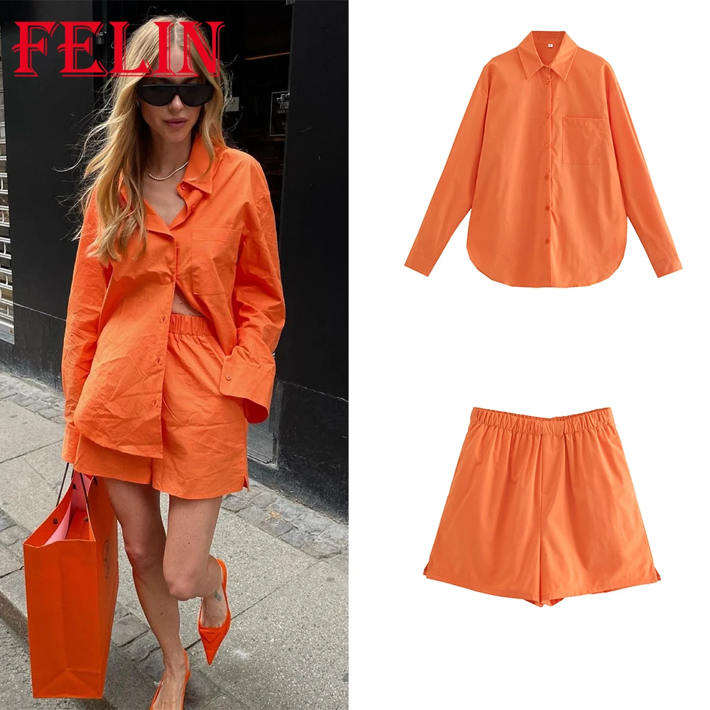 Za 2022 Women Chic Orange Stylish Sets Oversized Long Sleeve Single Button Shirts and High Waist Wide Leg Shorts Elegant Suits