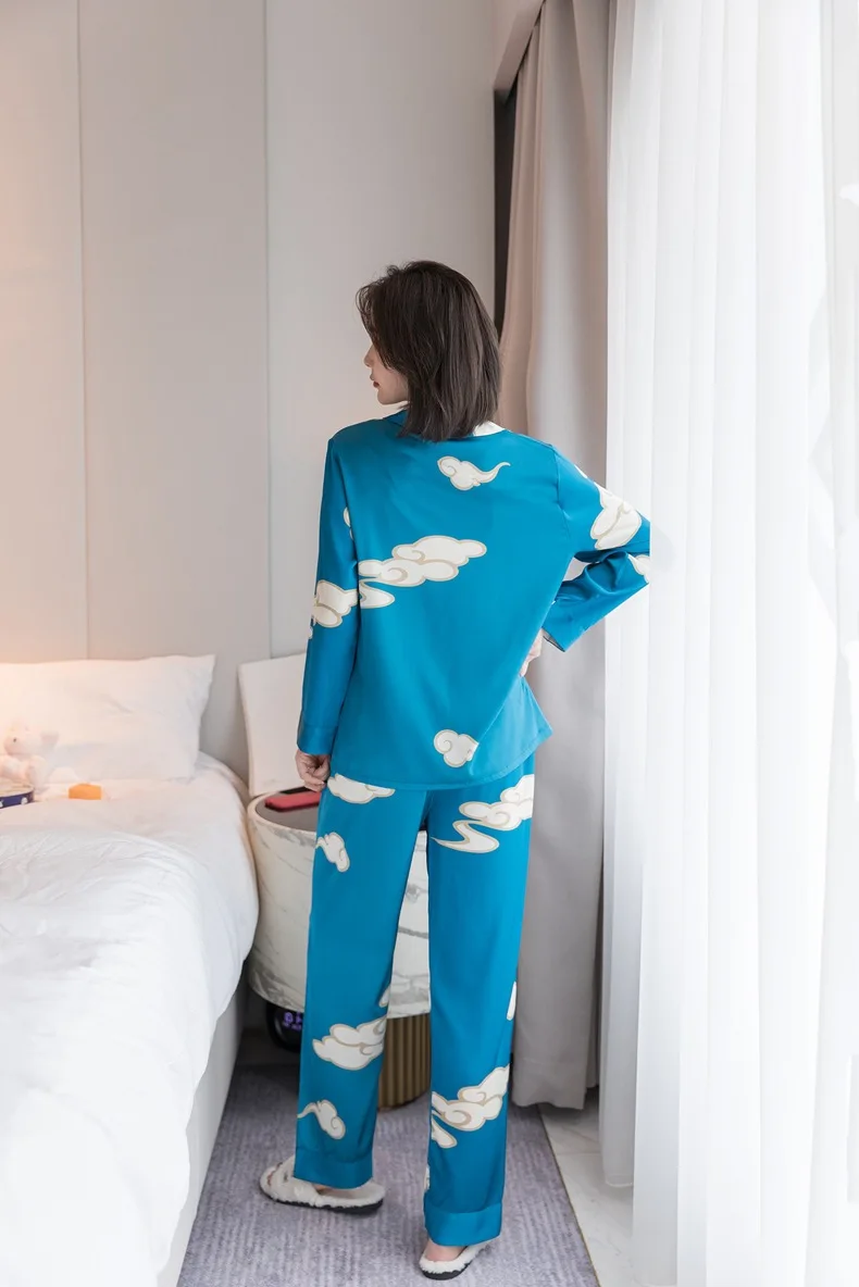 

Retro Beijing Opera Women 2PCS Pajamas Sets Sexy Notched Pyjamas Suit Print Sleepwear Nightwear Autumn New Lounge Home Clothes
