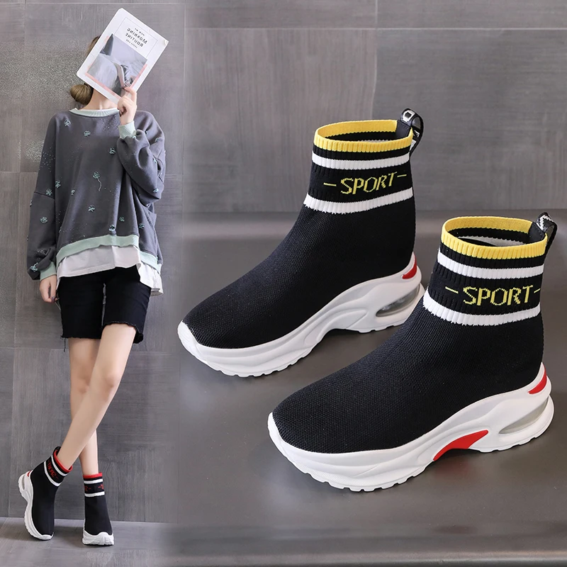 

High-top Inner-increasing Flying Weaving Women's Vulcanized Shoes Lightweight Air Cushion Sneakers Black Outdoor Walking Shoes