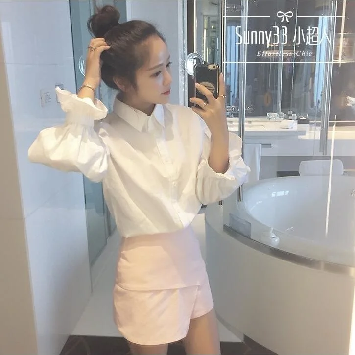 

Осенняя Женская белая рубашка с пузырьковыми рукавами, рубашка с длинным рукавом, топ, блузы, женская одежда