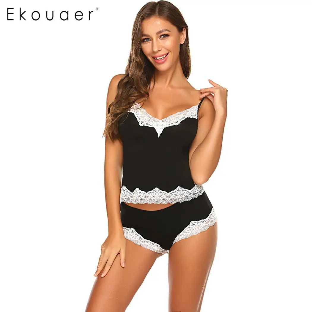 Ekouaer/женский летний пижамный комплект из двух предметов, короткое ночное белье, кружевные лоскутные топы на бретельках, шорты, сексуальное женское белье, Пижамный костюм