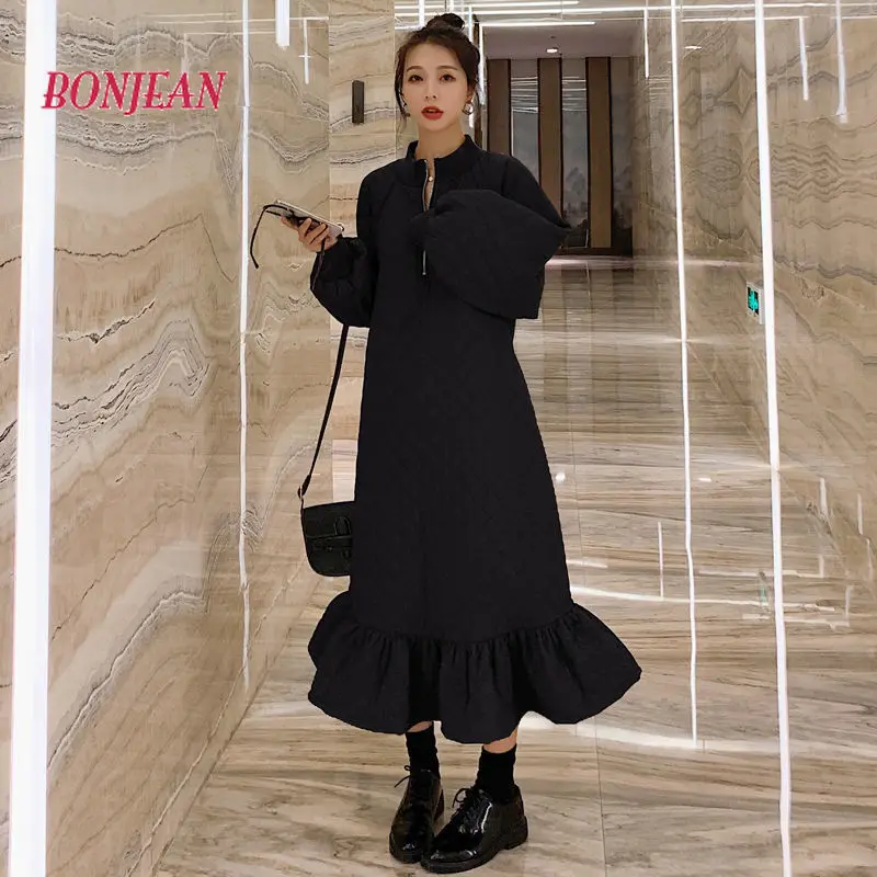 Women Winter Parka Dress Pink Rhombus Quilting Padded Long Sleeve Dress Warm Winter Streetwear Parkas Waistcoat Dress Vestidos
