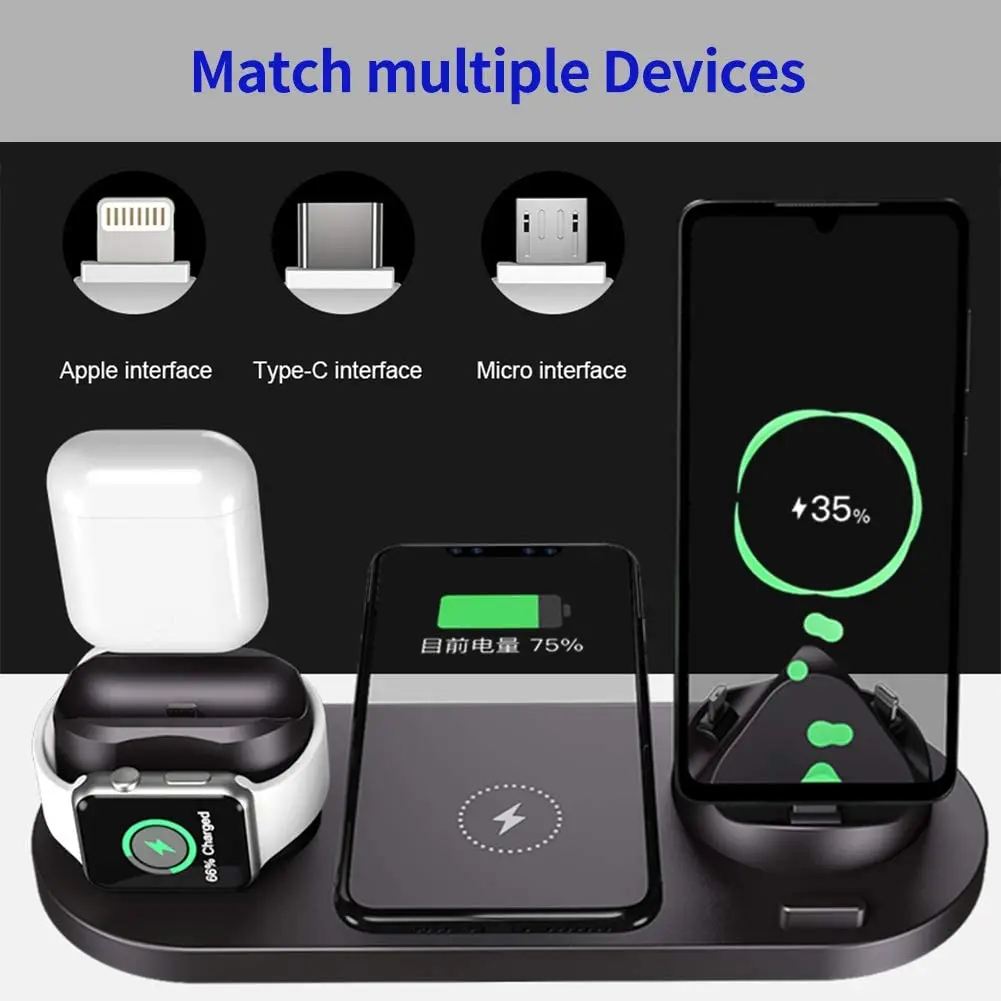 30W Wireless Charger 6 in 1 Wireless Chargers Station Charging Stand Qi for Apple Watch AirPods iPhone 13 12 11 Pro Max Xiaomi