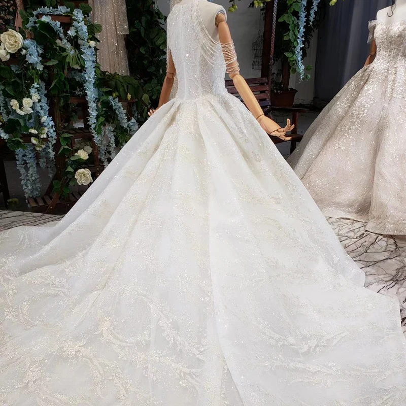 BGW 21320ht Wedding Gowns With Long Train Sleeveless Beading Sequined Zipper O-neck Wedding Dress A Line Vestido De Novia 2019