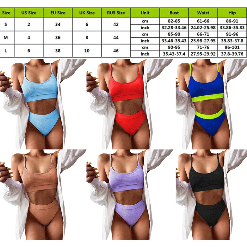

2021 High Waist Bikini Swimsuit Women's Push Up Swimwear Ribbed Strap Swimsuit Women Bathing Suits Bikinis Set 2021 Beachwear