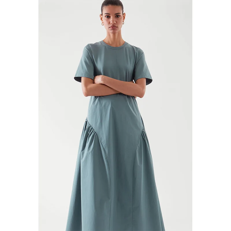 

2021 Summer New O-Neck Short Sleeve Solid Mid-Length Cotton Temperament Fashion Simplicity Dresses for Women Donsignet