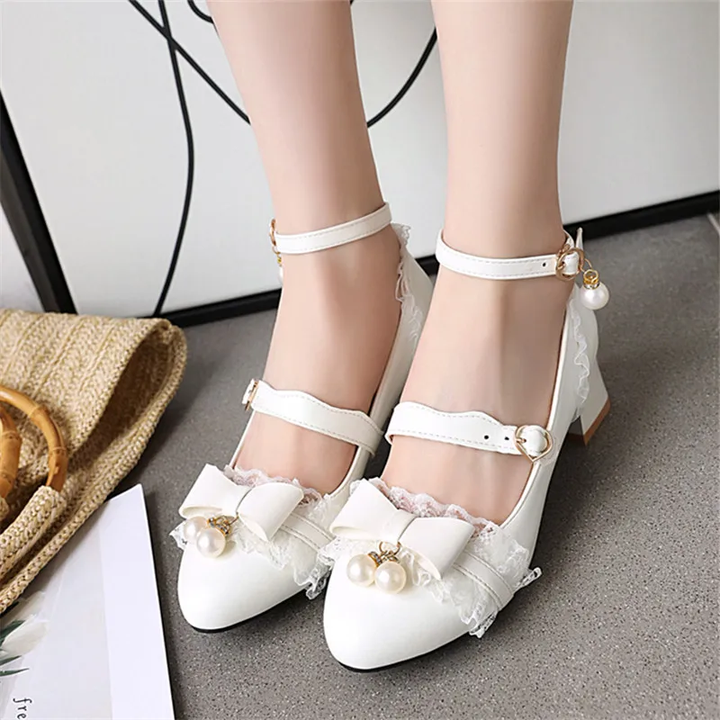 

female shoe heels women's shoes heel Lolita shoes bow thick crust Pink COS female student shoes tide med heels japanese shoes