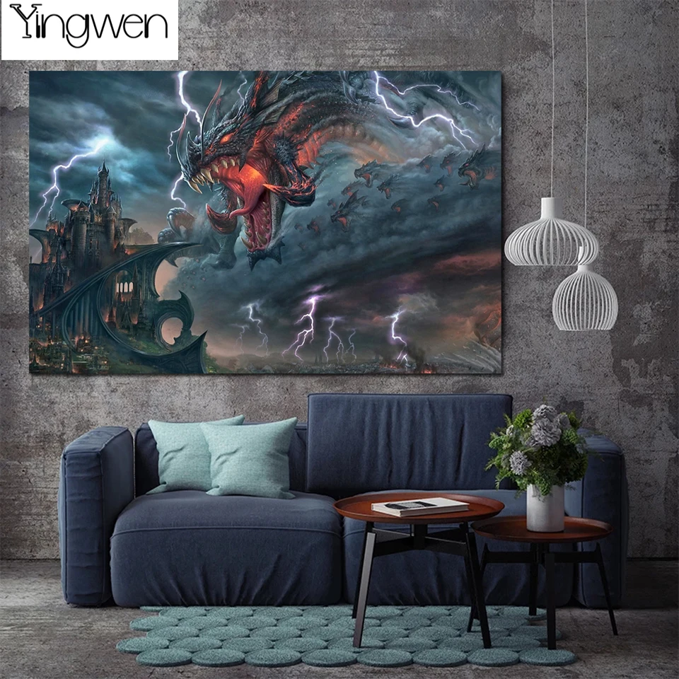 

5D Diy Diamond Painting Evil Dragon Invade Castle Full Diamond Beads Embroidery Rhinestone Mosaic Cross Stitch Kits Home Decor
