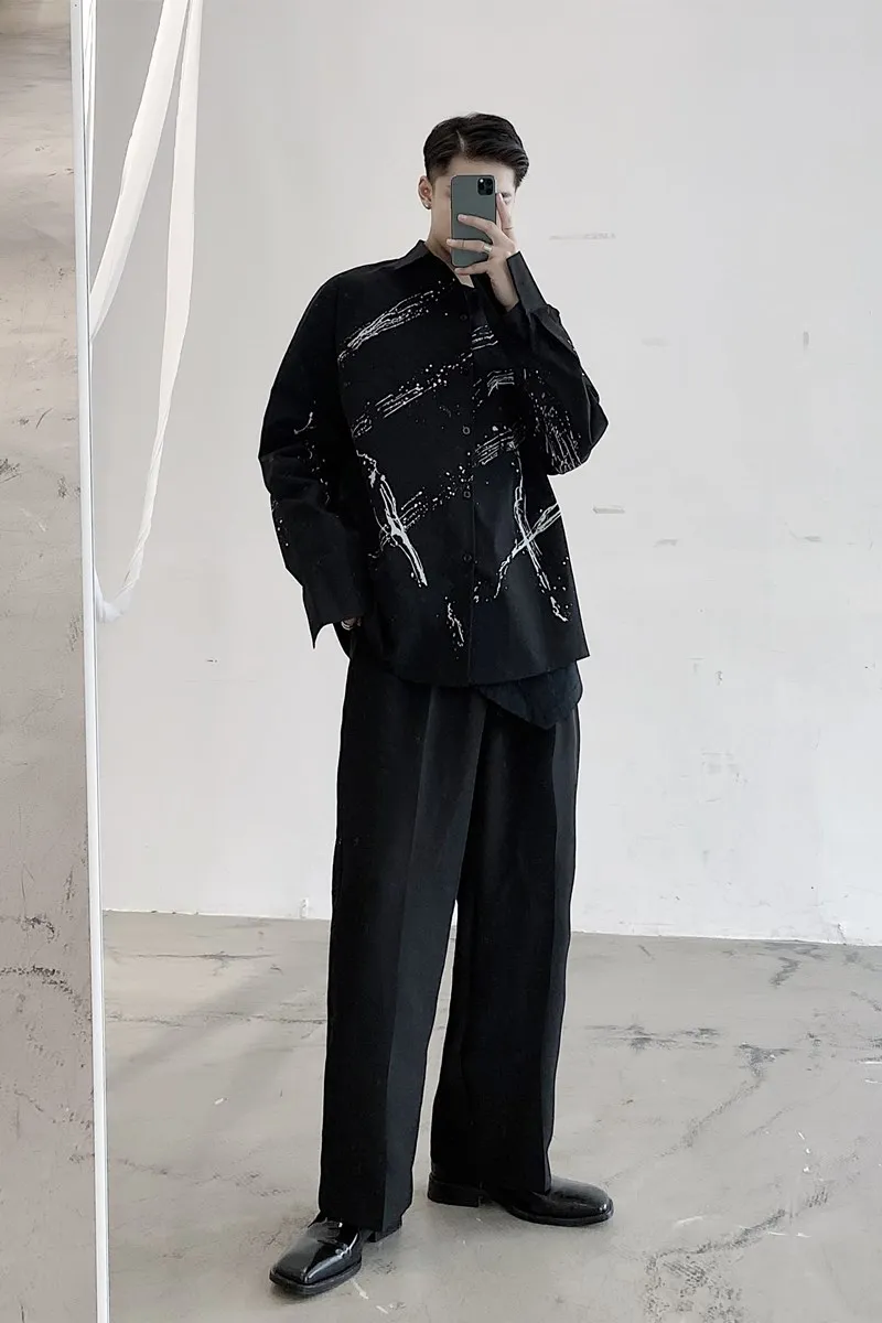 

New Male Japan Streetwear Dark Black Shirt Men Splash-Ink Printed Long Sleeve Casual Loose Shirt