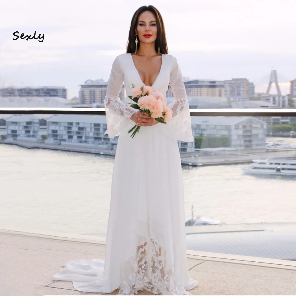

Deep V Neck Boho Wedding Dresses 2022 Long Sleeve Chiffon Country Bridal Gown Elegant Summer Beach Boho Robe De Mariée For Women