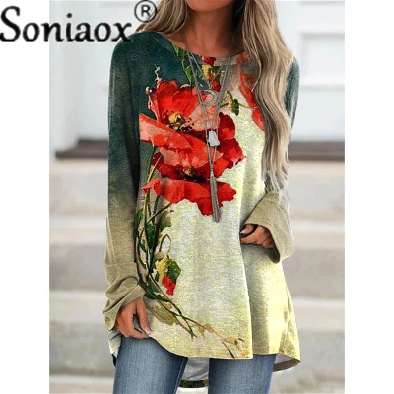 

2021 Autumn Women T Shirt Fashion Long Sleeve 3D Floral Printed Ladies Shirt Tops Streetwear Loose Casual Long T Shirts Pullover