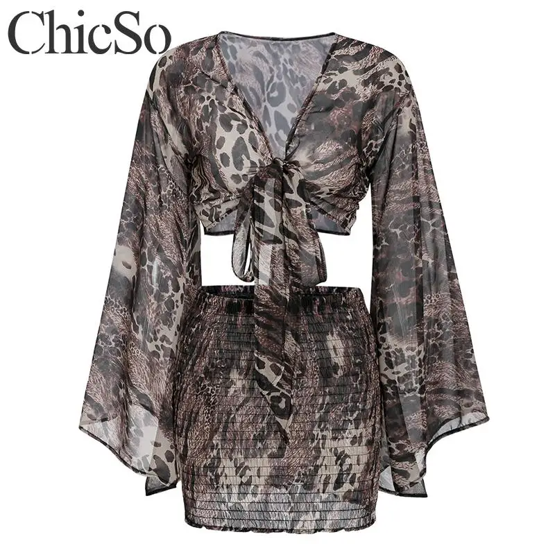 MissyChilli Two piece set bandage dress Women leopard print bodycon vintage Spring sexy elegant party club night new | Женская одежда