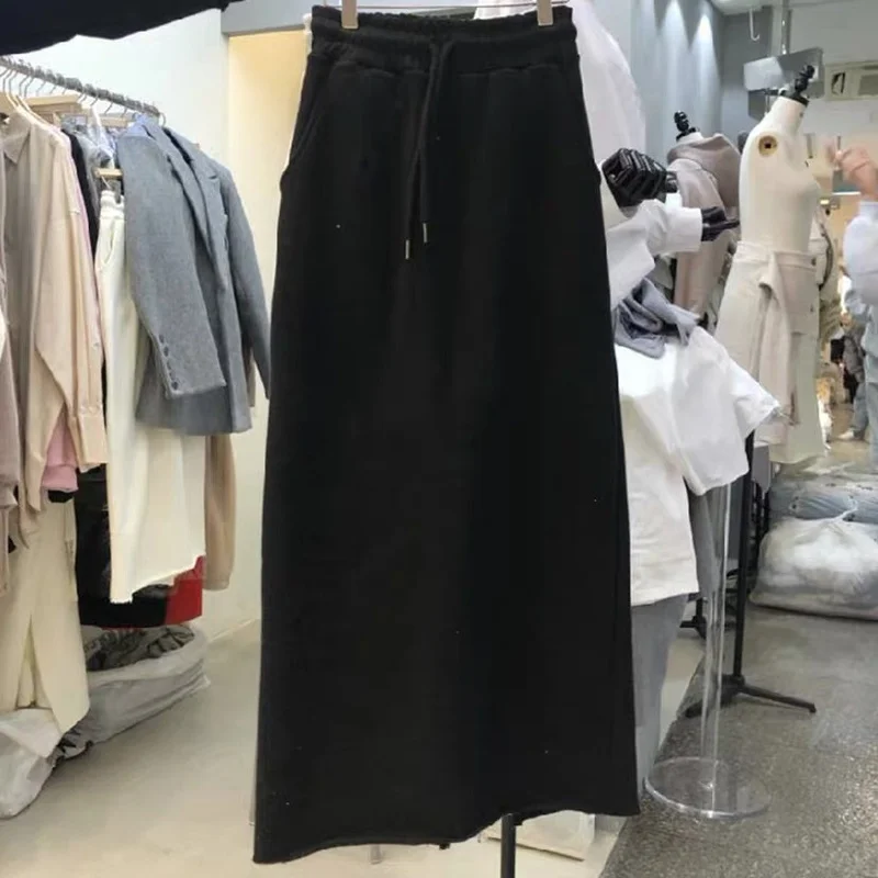 

New Spring Solid Straight Slit Skirts Womens Comfortable Elastic Design Mujer Faldas 2021 Simple All Match SlimFemme Jupe