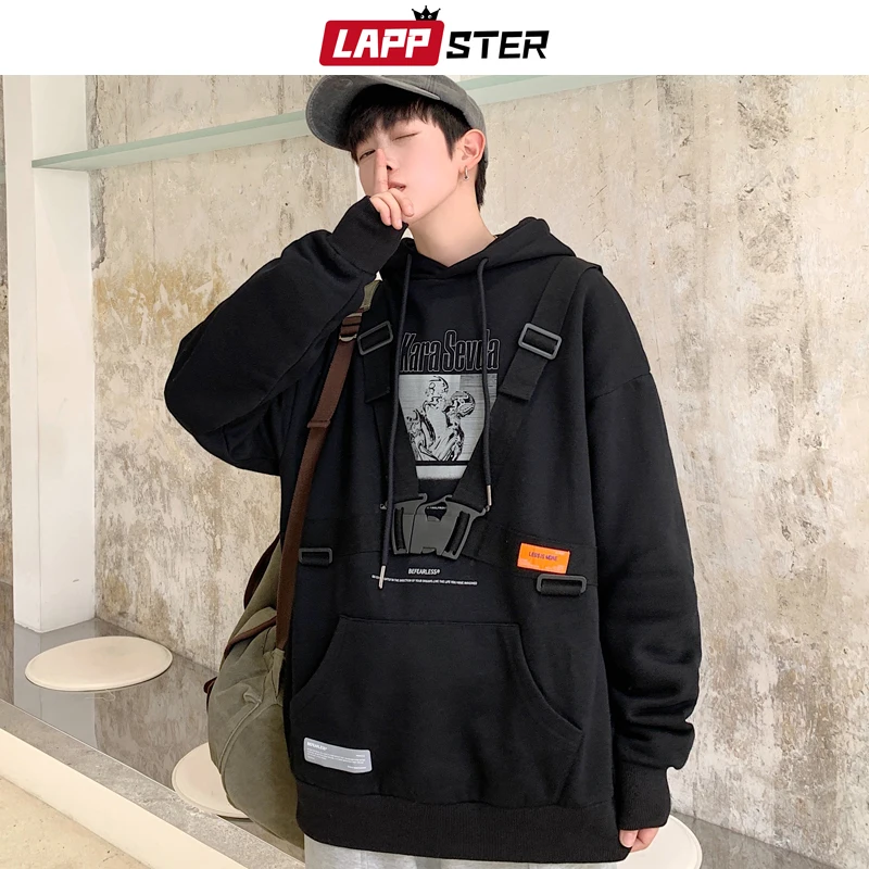 LAPPSTER, мужские толстовки Harajuku с лентами,, Мужская негабаритная Японская уличная одежда, хип-хоп толстовки, корейская мода, худи с капюшоном