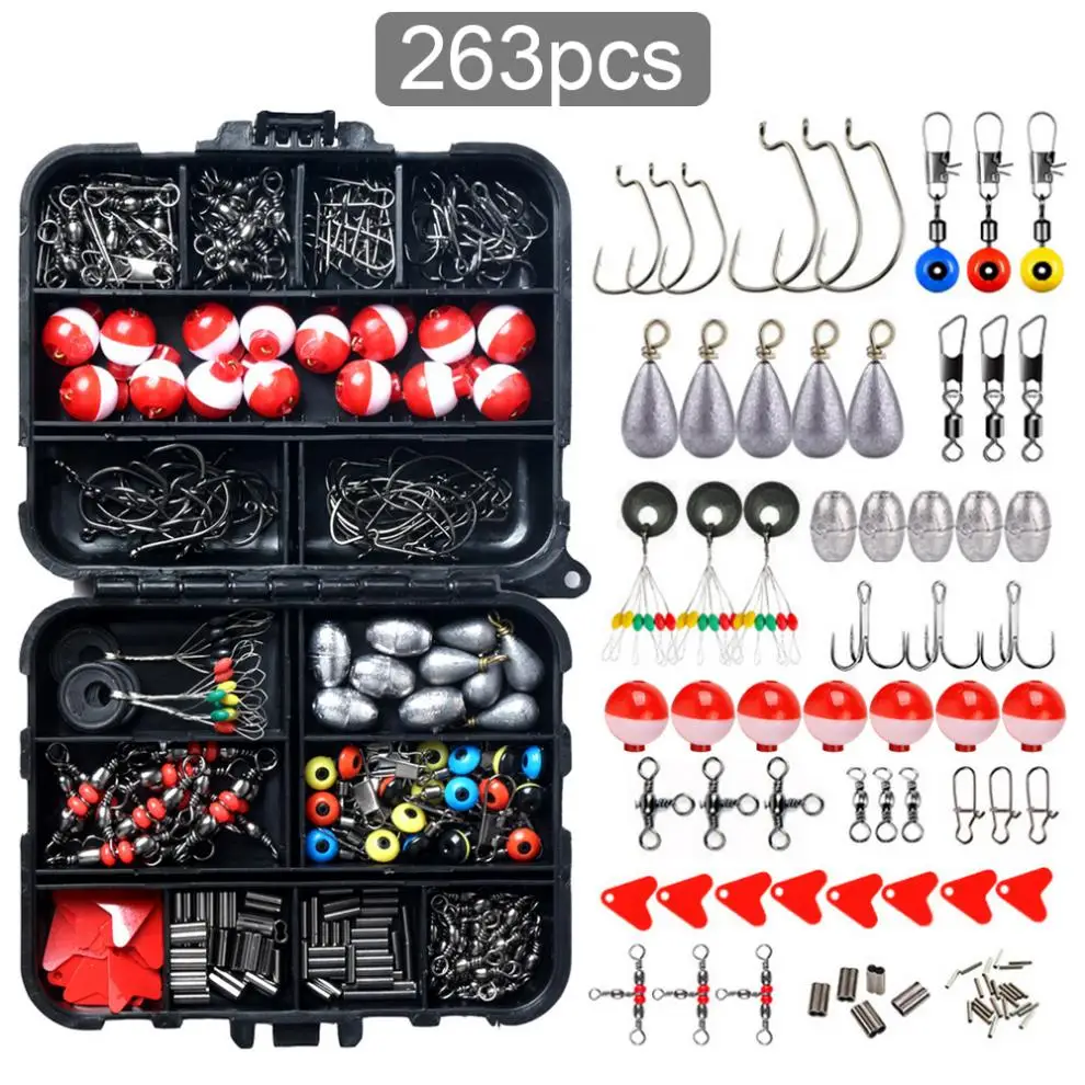 

263pcs Rock Sea Fishing Float Accessories Kit Including Crank Treble Hook Snaps Rolling Swivel Beads Sinker Crimping Sleeves